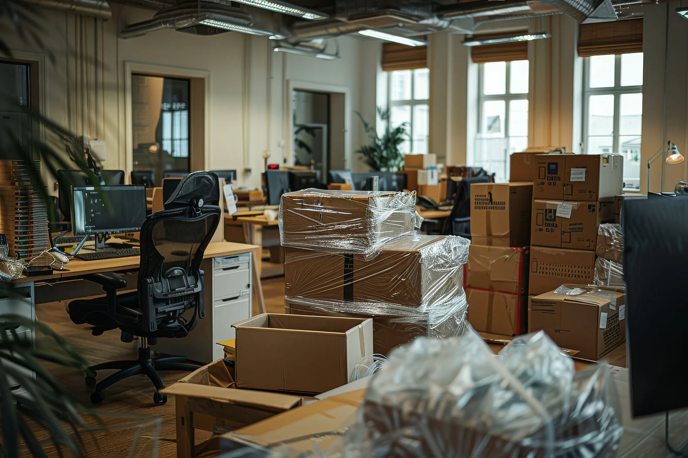 Neatly organized inventory and moving boxes inside a professional truck for an office relocation in Los Angeles.