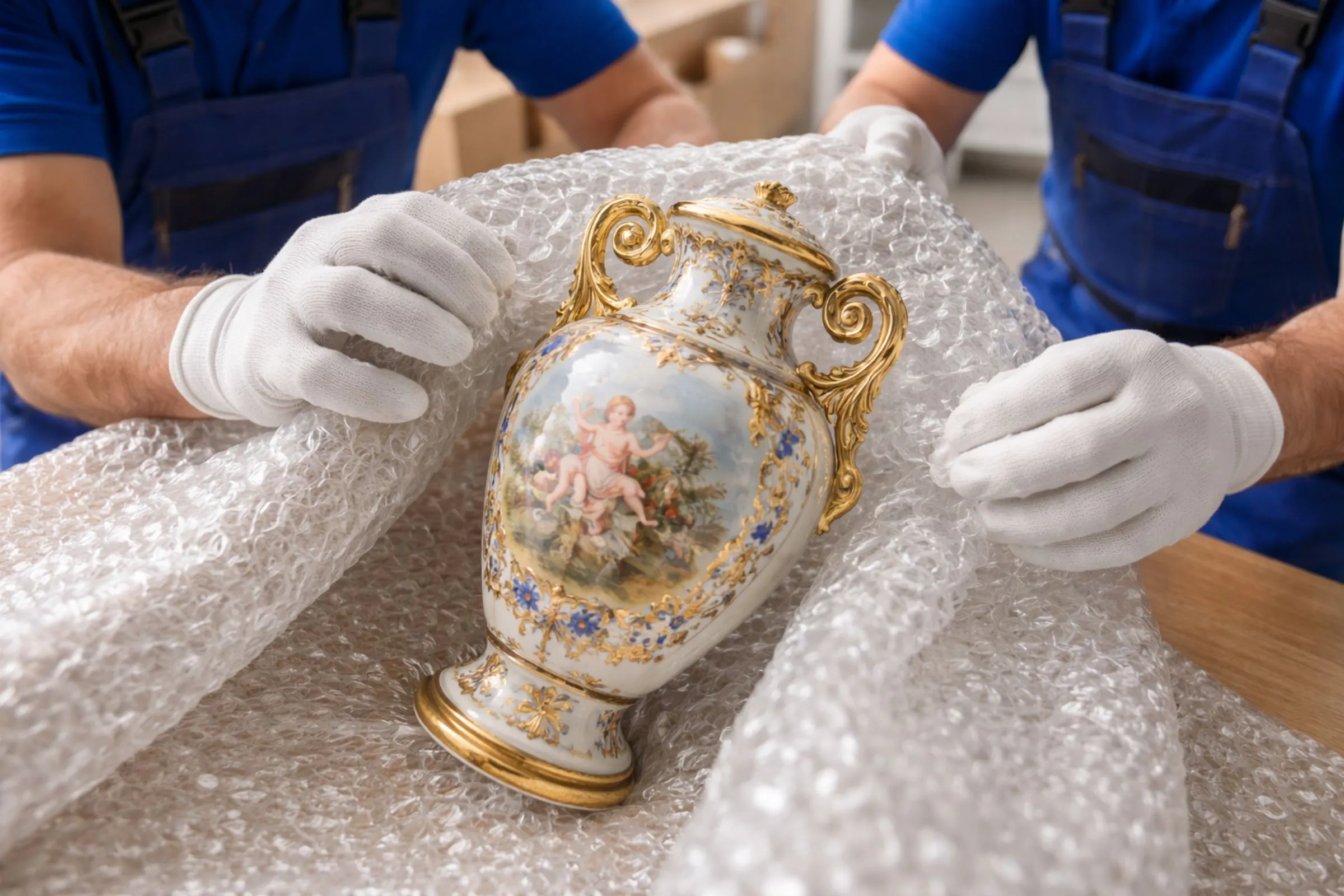 Close-up of high-value specialty items protected with professional blue moving blankets and custom taping by Go Movers LA.