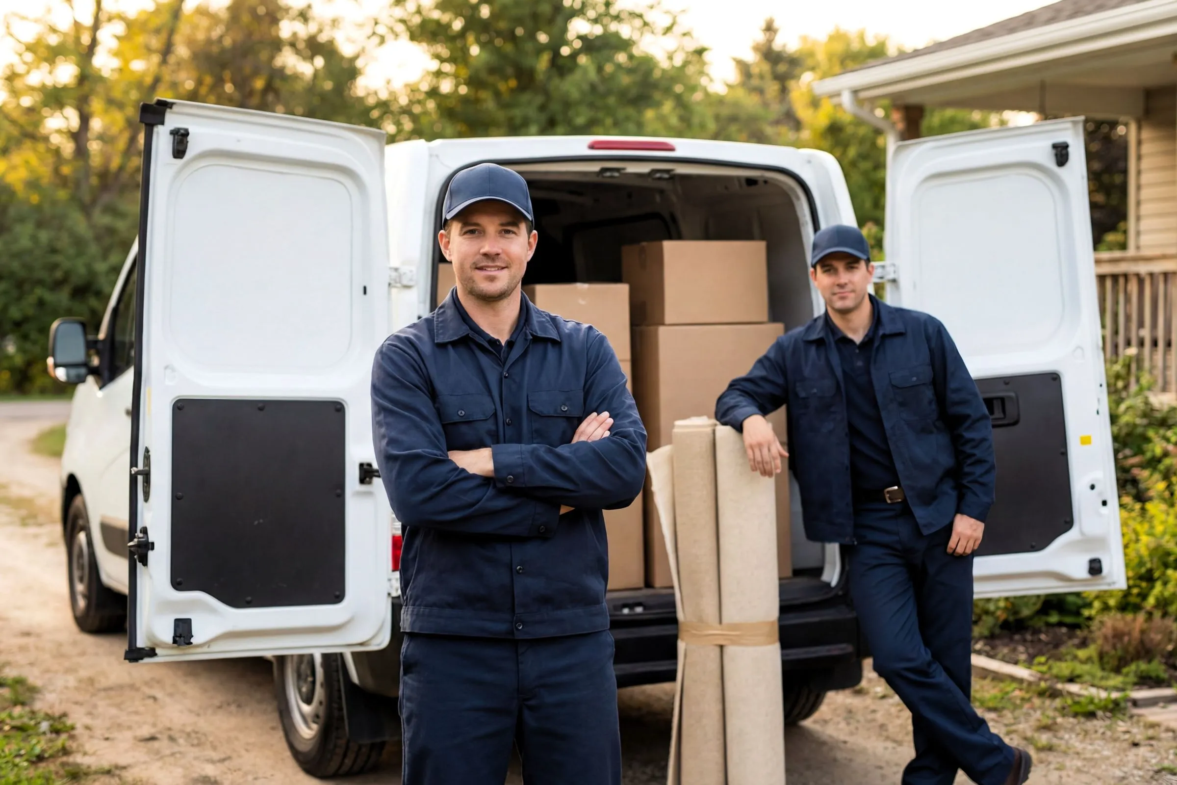 Professional local movers in uniform standing in front of a moving van with boxes in a Los Angeles neighborhood.